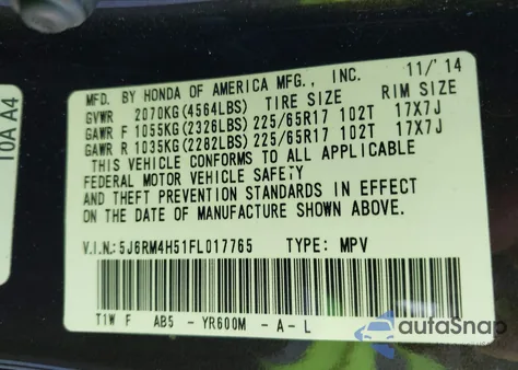 2015 Honda Cr-V Ex from USA, damaged, VIN 5J6RM4H51FL017765